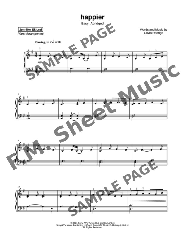 Happier (Easy Piano) By Olivia Rodrigo - F.M. Sheet Music - Pop